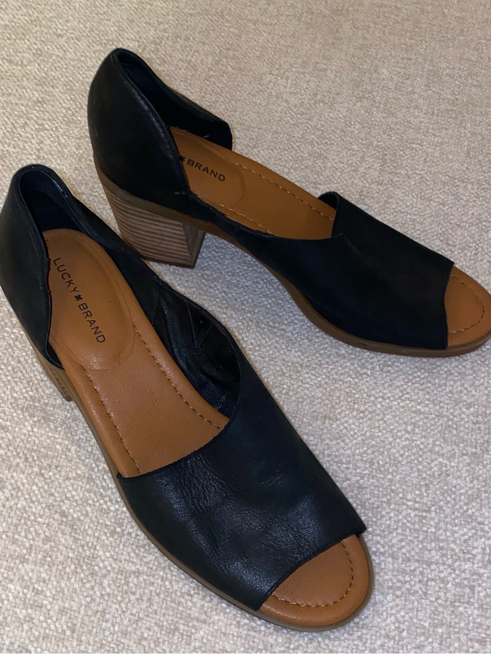 Lucky Brand Black and Tan Block Heel Peep-Toe Sandals